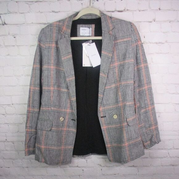 NWT Bershka Size Small Double Breasted Plaid Linen Blazer - Picture 1 of 5